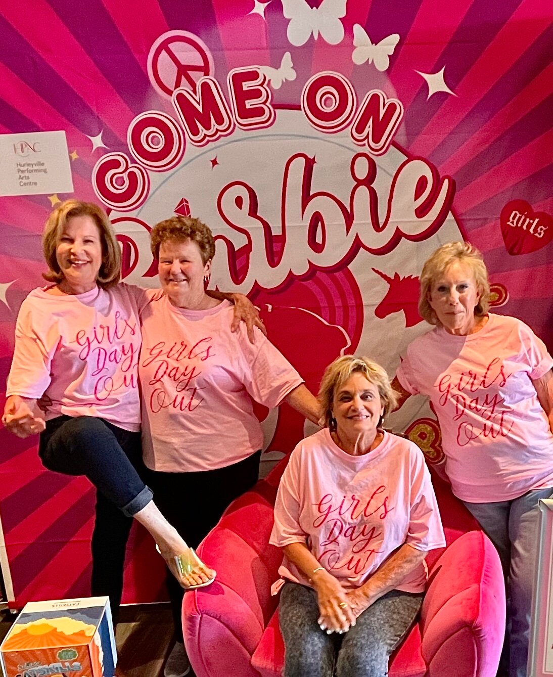 Patrice Held, left; Nancy Grimes; Nancy Hirsch; and Alicia Schwartz set the gold standard for "Barbie" fans at the Hurleyville Performing Arts Theatre last weekend. Yes, they loved it.